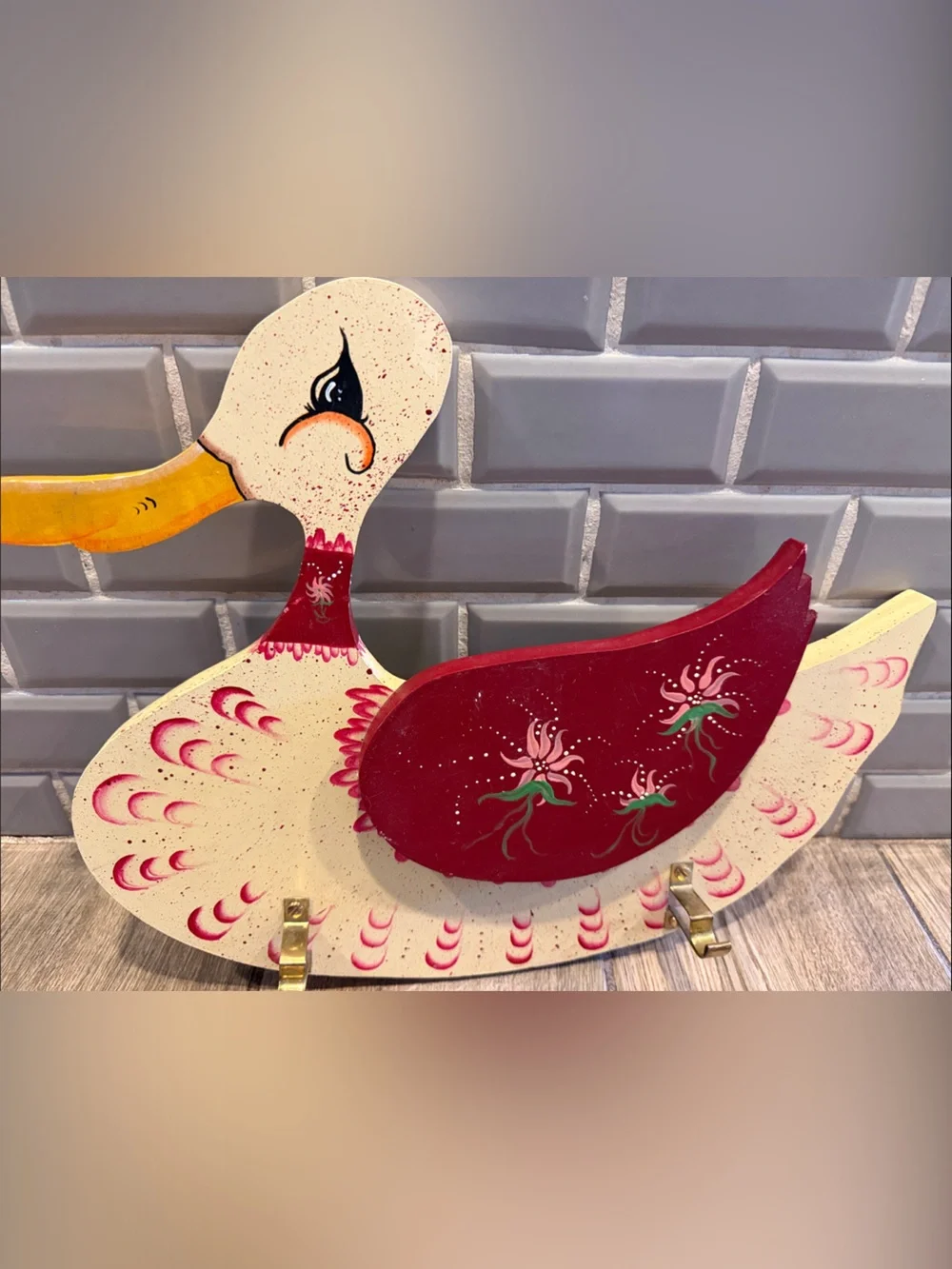 Handpainted Decorative Duck Hook Rack in Cream and Red